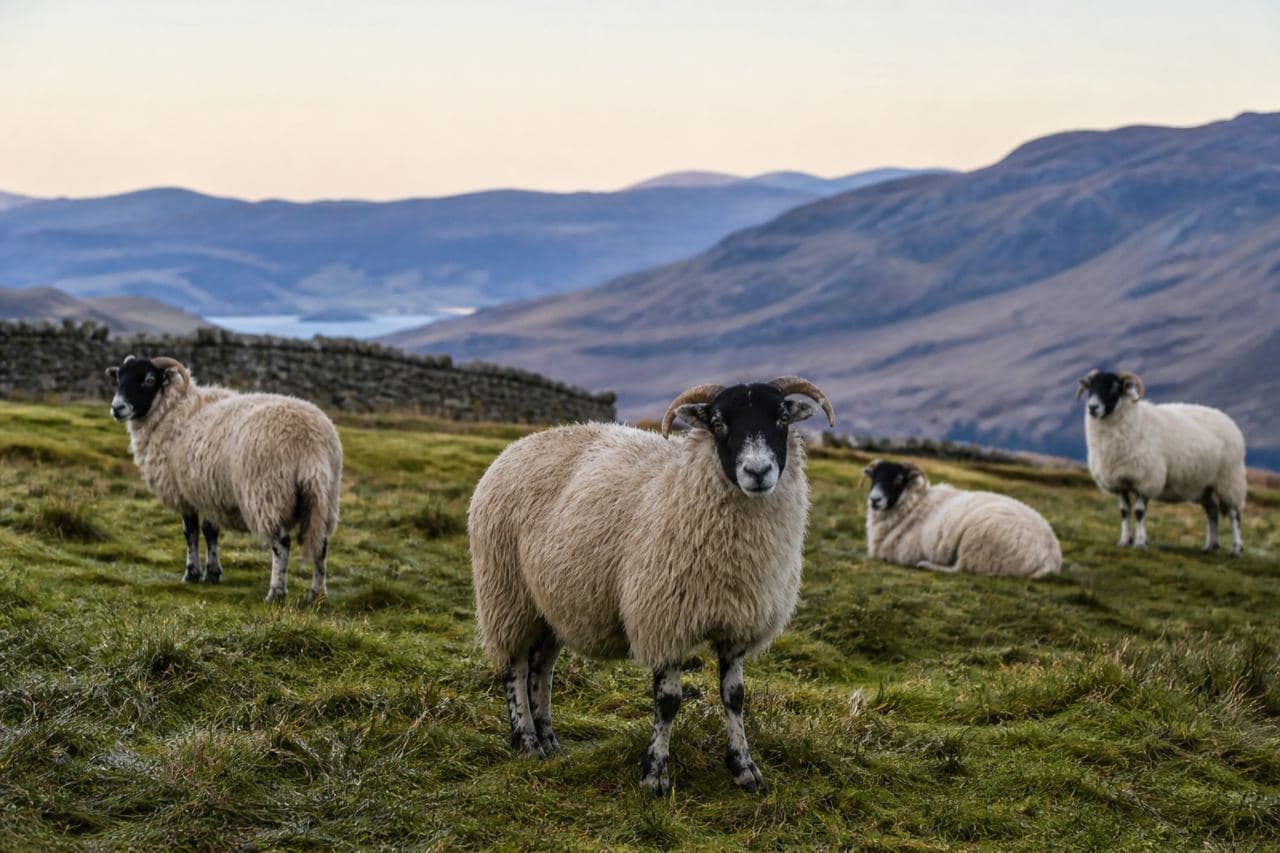 Scottish Blackface sheep on a Highland hillside